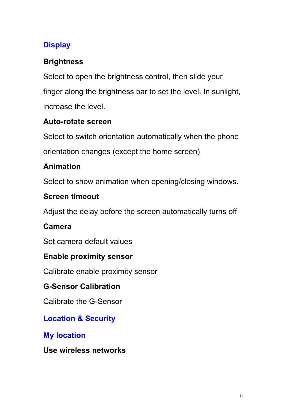 Display, Location & security | Verykool s700 User Manual | Page 31 / 87