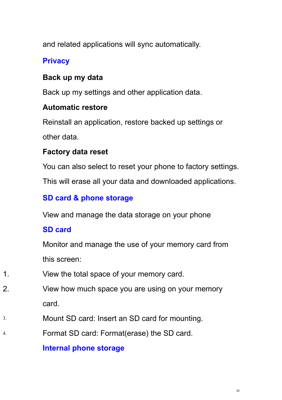 Privacy, Sd card & phone storage | Verykool s700 User Manual | Page 35 / 87