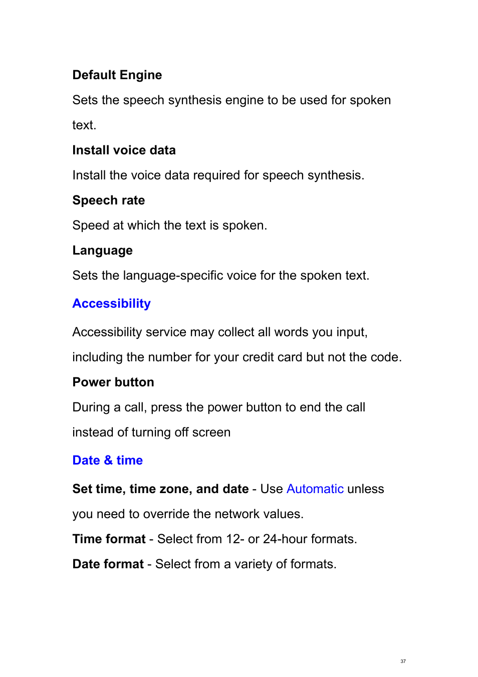 Accessibility, Date & time | Verykool s700 User Manual | Page 37 / 87