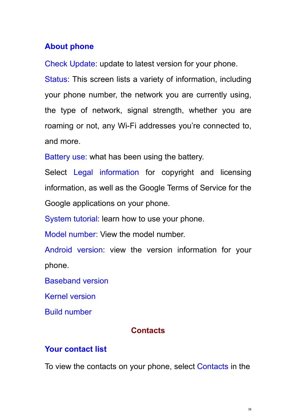 About phone, Contacts, Your contact list | Verykool s700 User Manual | Page 38 / 87