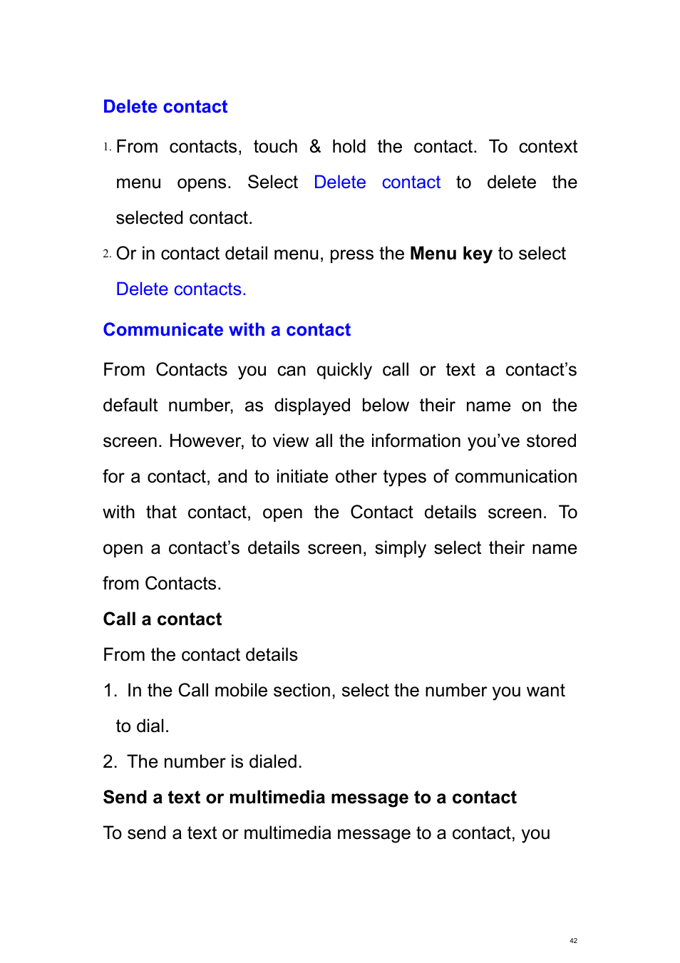 Delete contact, Communicate with a contact | Verykool s700 User Manual | Page 42 / 87