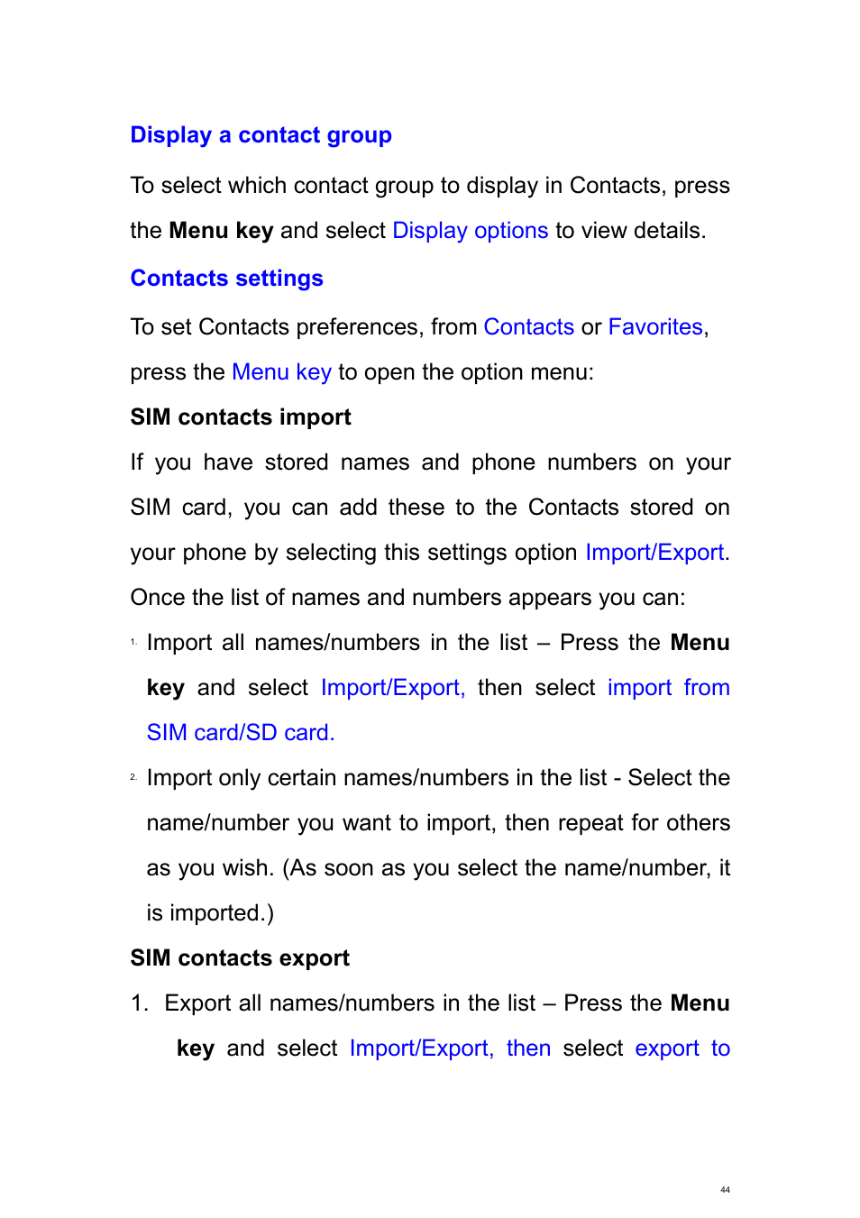 Display a contact group, Contacts settings | Verykool s700 User Manual | Page 44 / 87