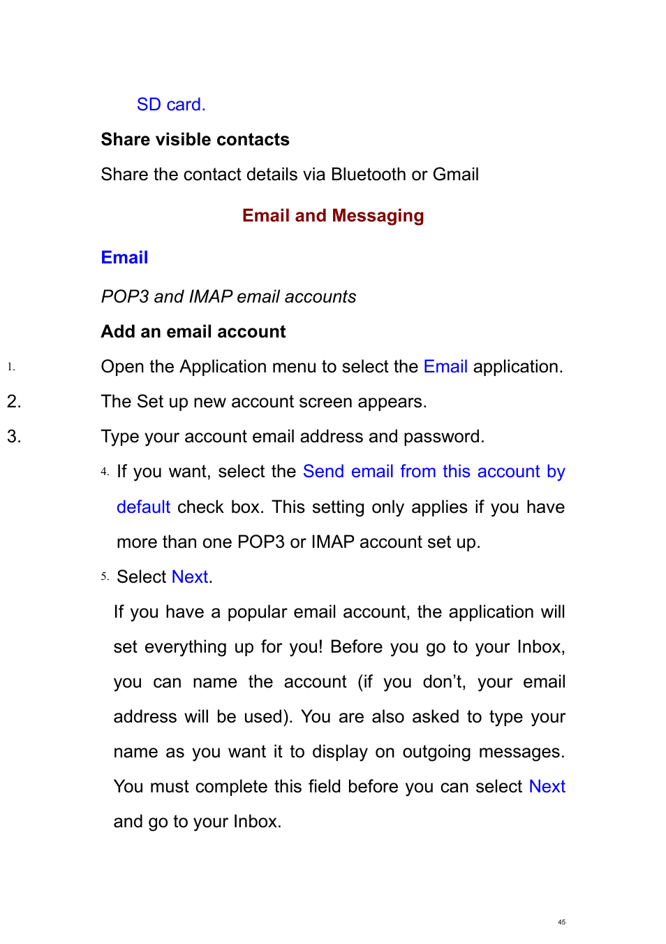 Email and messaging, Email | Verykool s700 User Manual | Page 45 / 87