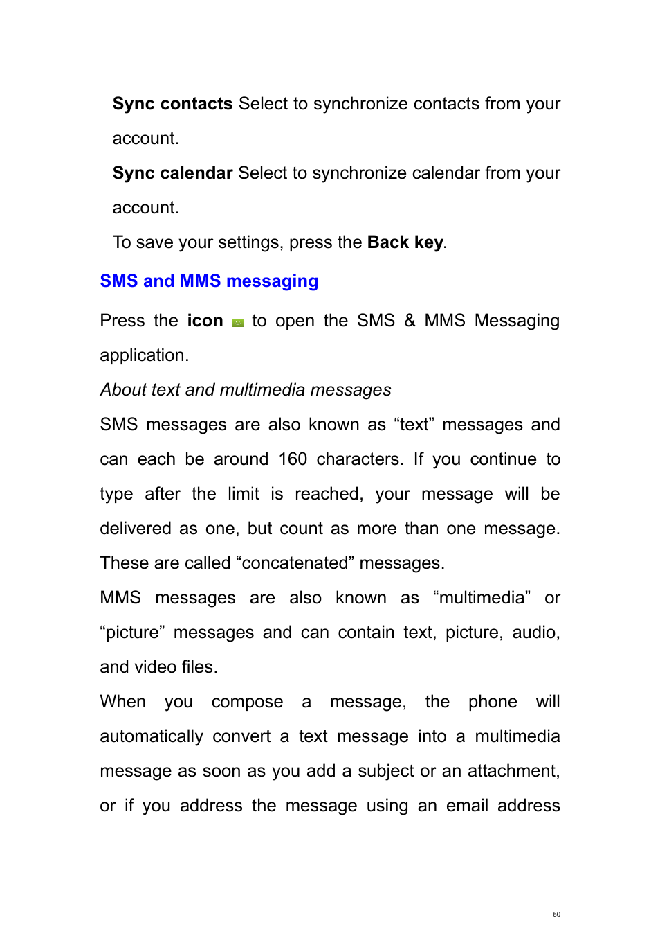 Sms and mms messaging | Verykool s700 User Manual | Page 50 / 87