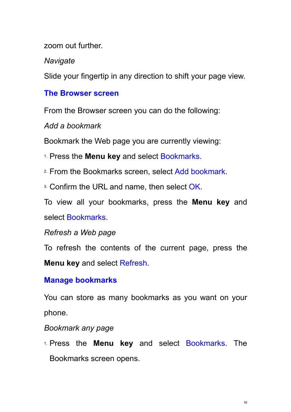 The browser screen, Manage bookmarks | Verykool s700 User Manual | Page 59 / 87