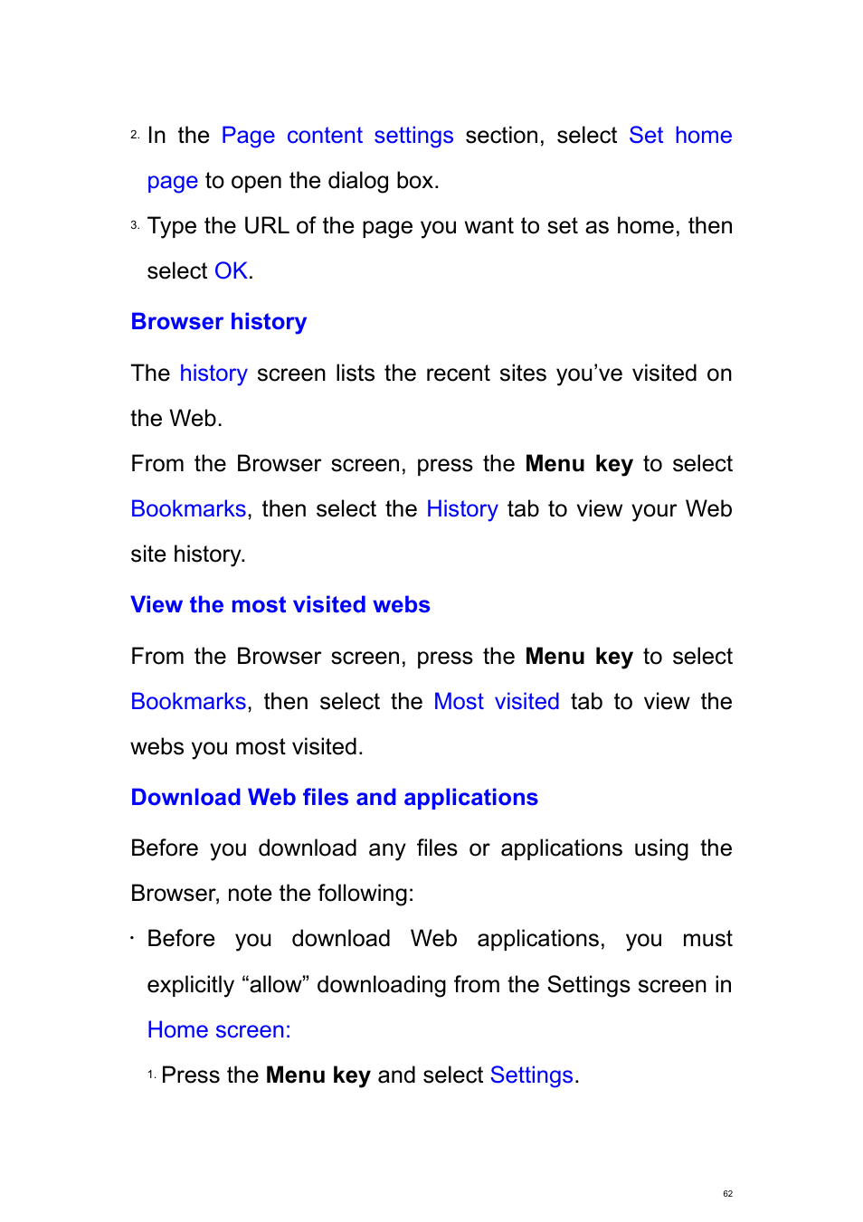 Browser history, View the most visited webs, Download web files and applications | Verykool s700 User Manual | Page 62 / 87