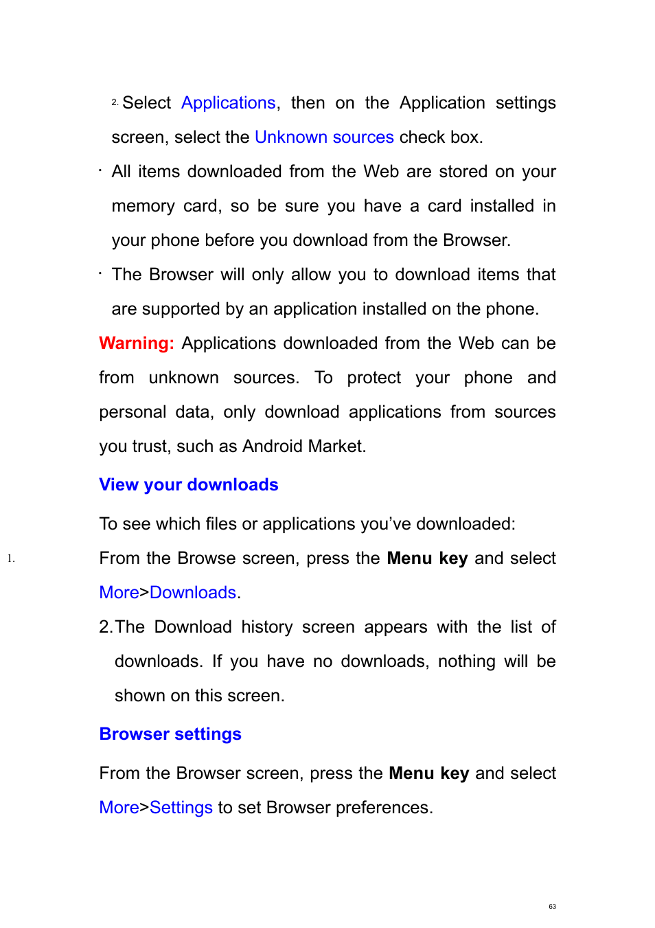 View your downloads, Browser settings | Verykool s700 User Manual | Page 63 / 87