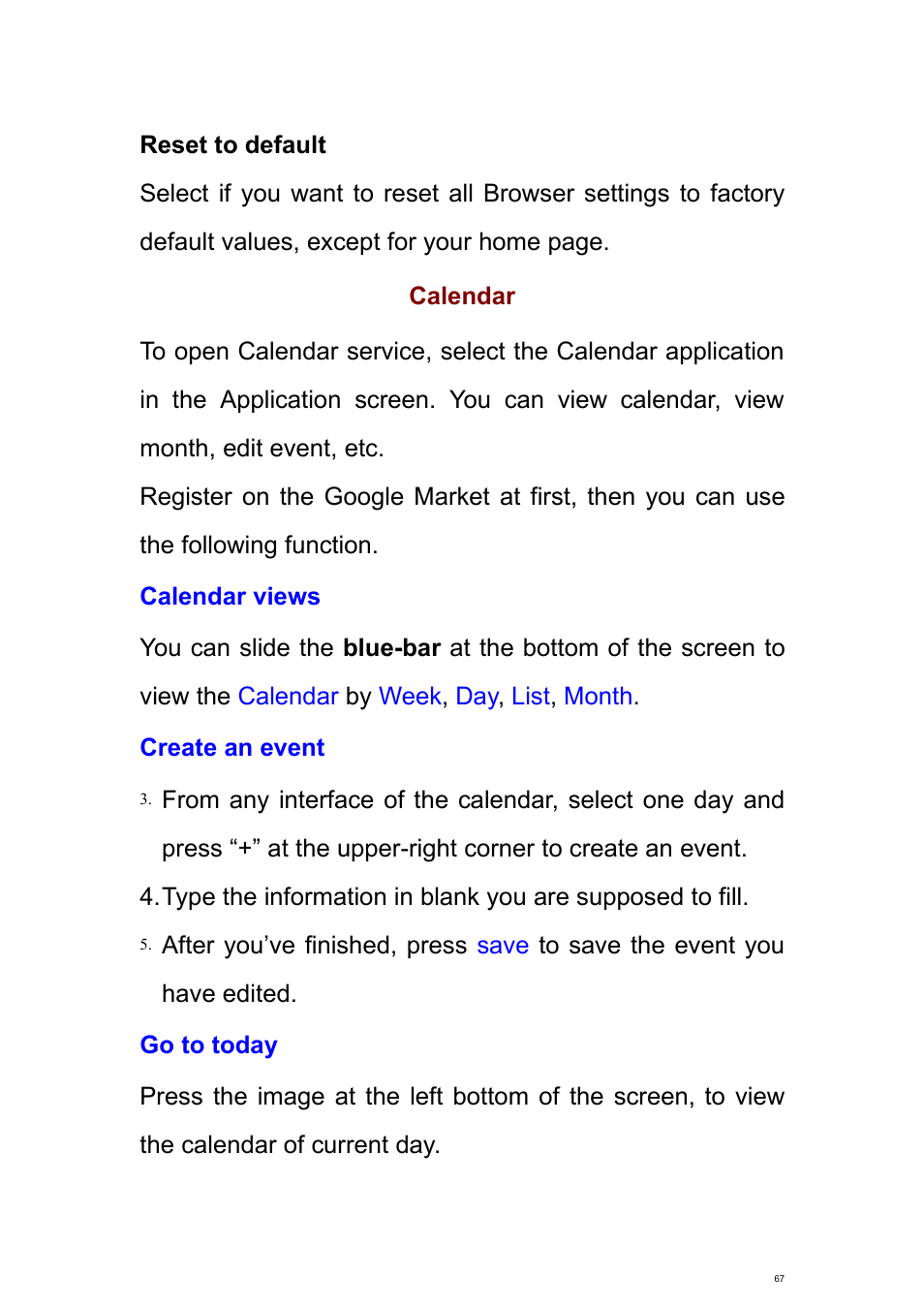 Calendar, Calendar views, Create an event | Go to today | Verykool s700 User Manual | Page 67 / 87