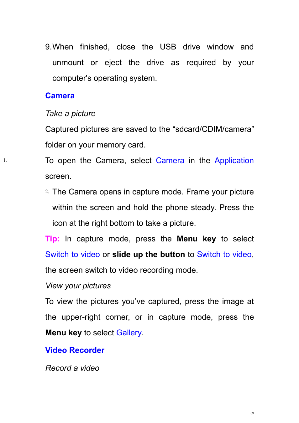 Camera, Video recorder | Verykool s700 User Manual | Page 69 / 87