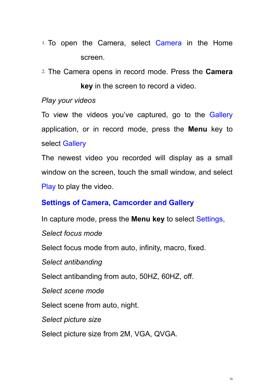 Settings of camera, camcorder and gallery | Verykool s700 User Manual | Page 70 / 87