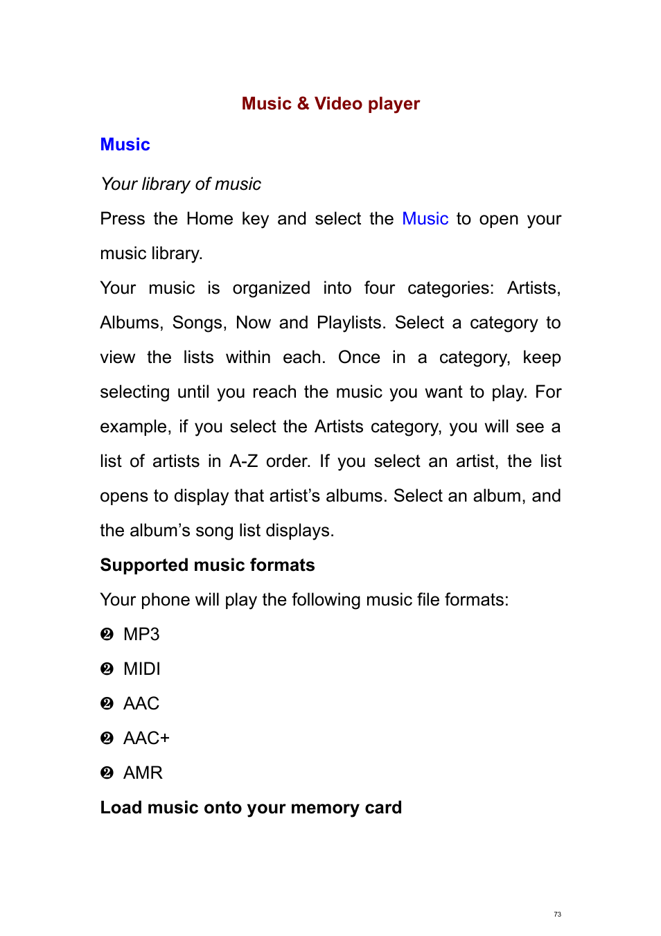 Music & video player, Music | Verykool s700 User Manual | Page 73 / 87