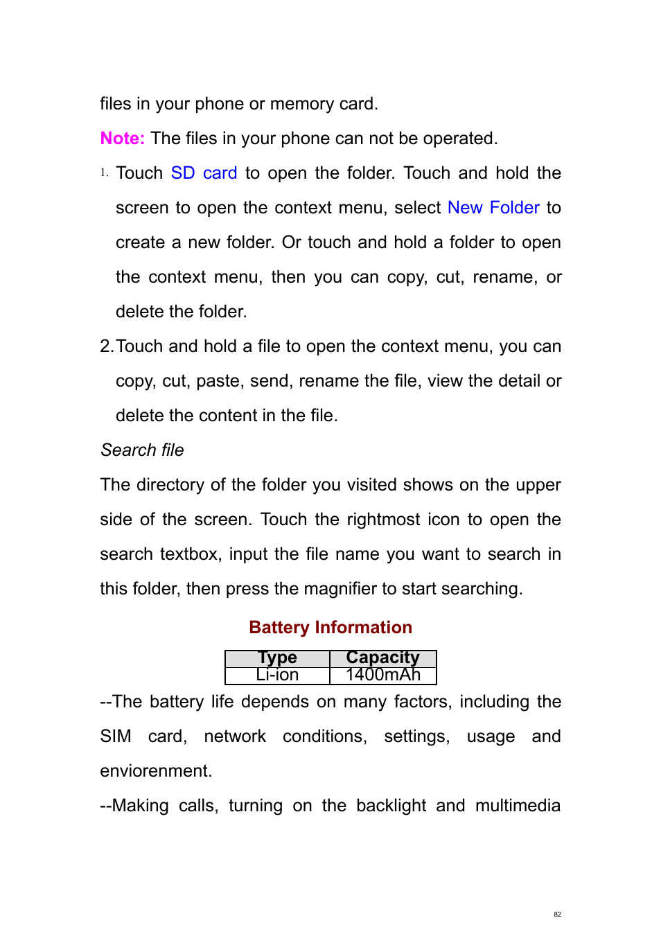 Battery information | Verykool s700 User Manual | Page 82 / 87