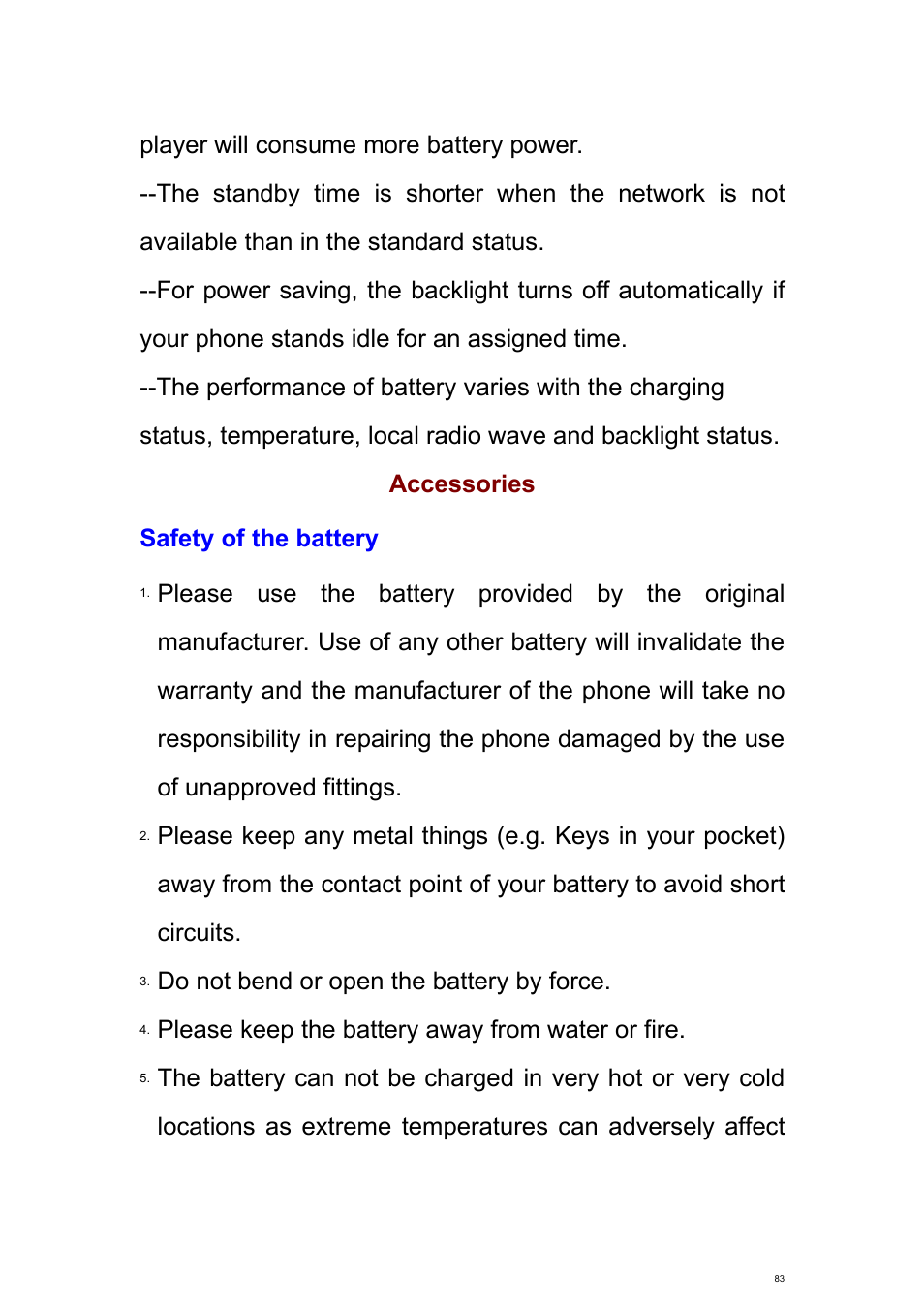 Accessories, Safety of the battery | Verykool s700 User Manual | Page 83 / 87