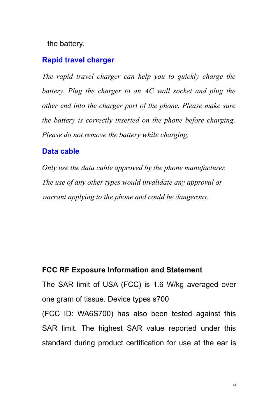 Rapid travel charger, Data cable | Verykool s700 User Manual | Page 84 / 87