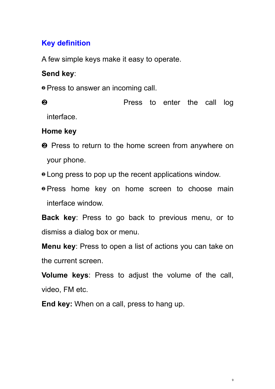 Key definition | Verykool s700 User Manual | Page 9 / 87