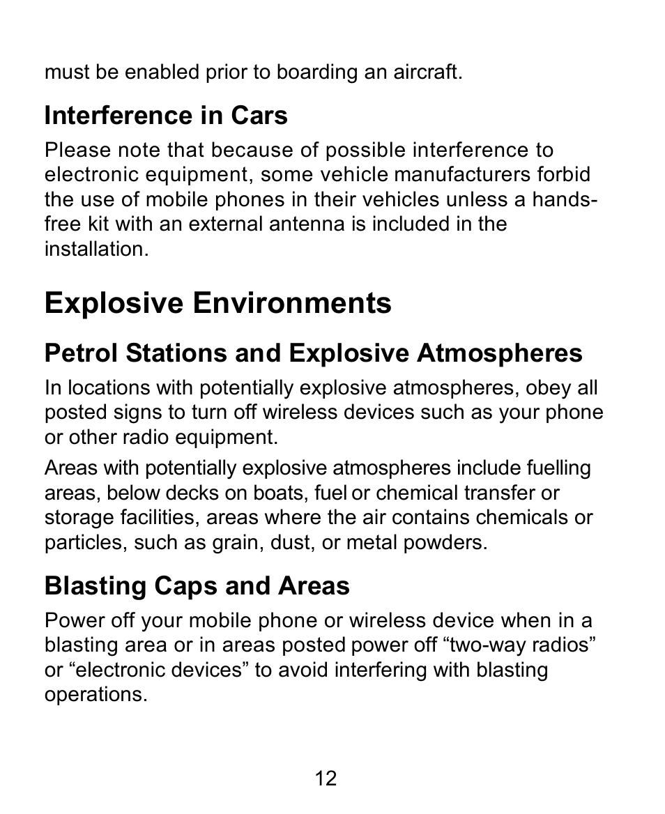 Interference in cars, Explosive environments, Petrol stations and explosive atmospheres | Blasting caps and areas | Verykool s728 User Manual | Page 12 / 50