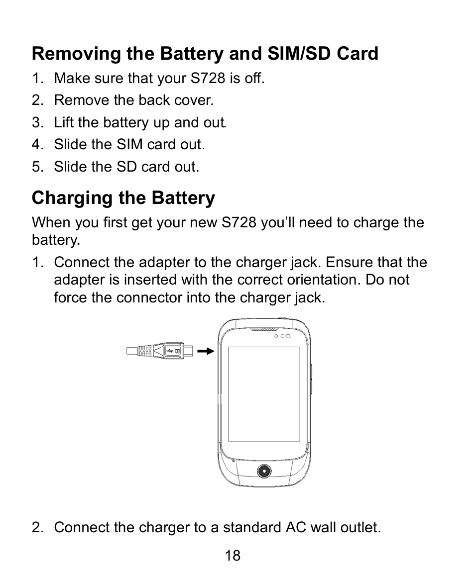 Removing the battery and sim/sd card, Charging the battery | Verykool s728 User Manual | Page 18 / 50