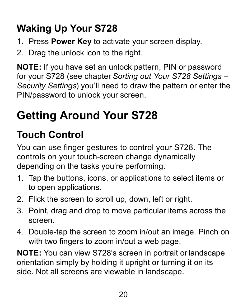 Waking up your s728, Getting around your s728, Touch control | Verykool s728 User Manual | Page 20 / 50