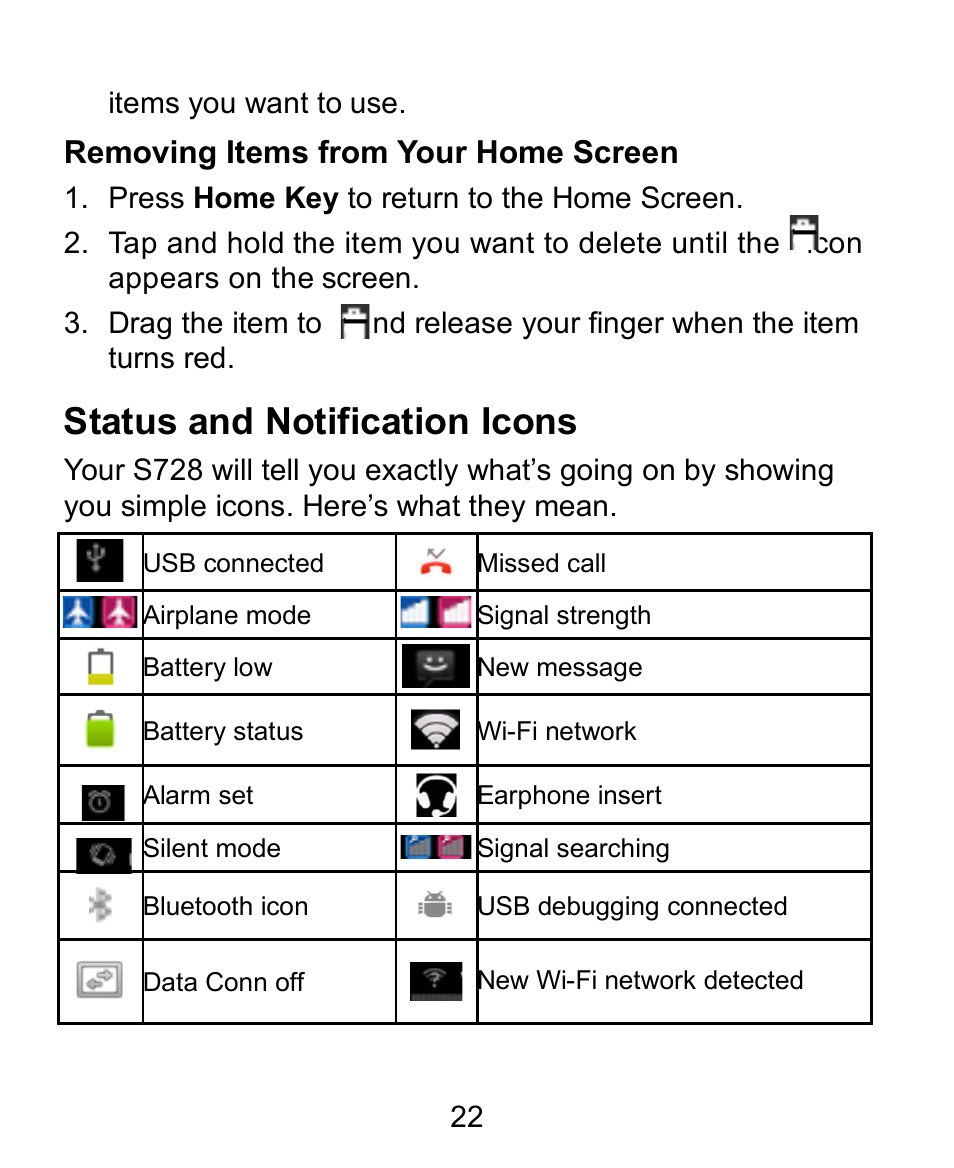 Removing items from your home screen, Status and notification icons | Verykool s728 User Manual | Page 22 / 50