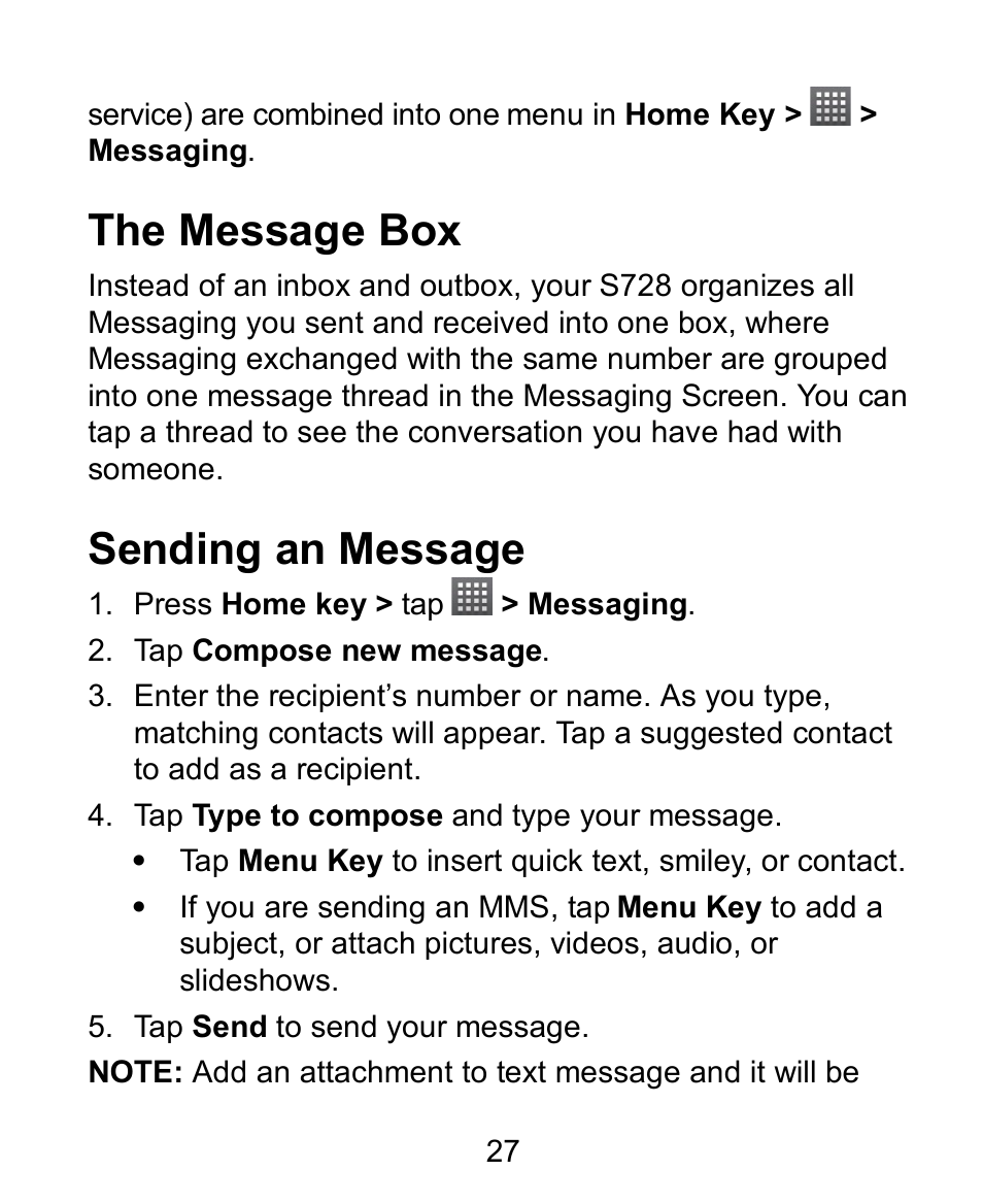 The message box, Sending an message | Verykool s728 User Manual | Page 27 / 50