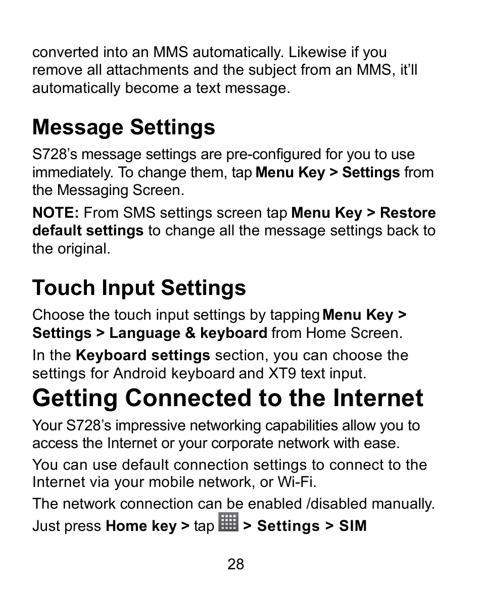Message settings, Touch input settings, Getting connected to the internet | Verykool s728 User Manual | Page 28 / 50