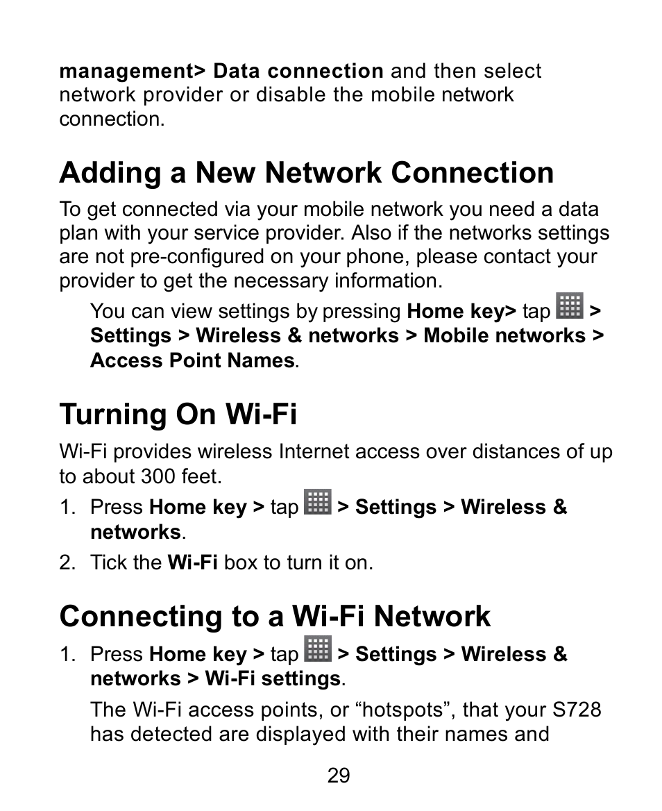 Adding a new network connection, Turning on wi-fi, Connecting to a wi-fi network | Verykool s728 User Manual | Page 29 / 50