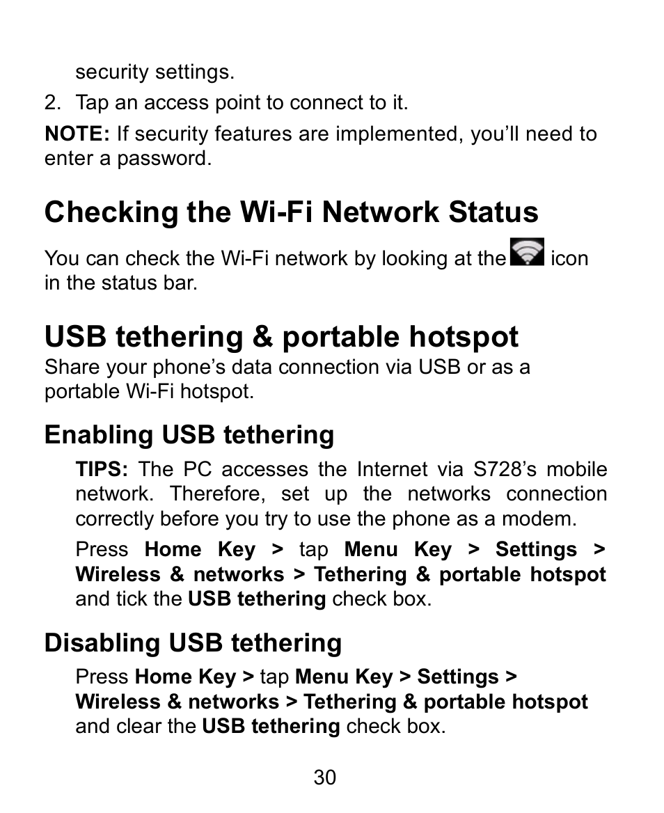 Checking the wi-fi network status, Usb tethering & portable hotspot, Enabling usb tethering | Disabling usb tethering | Verykool s728 User Manual | Page 30 / 50
