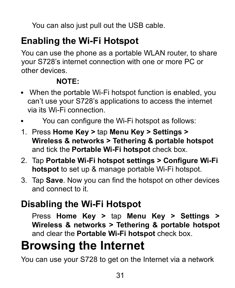 Enabling the wi-fi hotspot, Disabling the wi-fi hotspot, Browsing the internet | Verykool s728 User Manual | Page 31 / 50