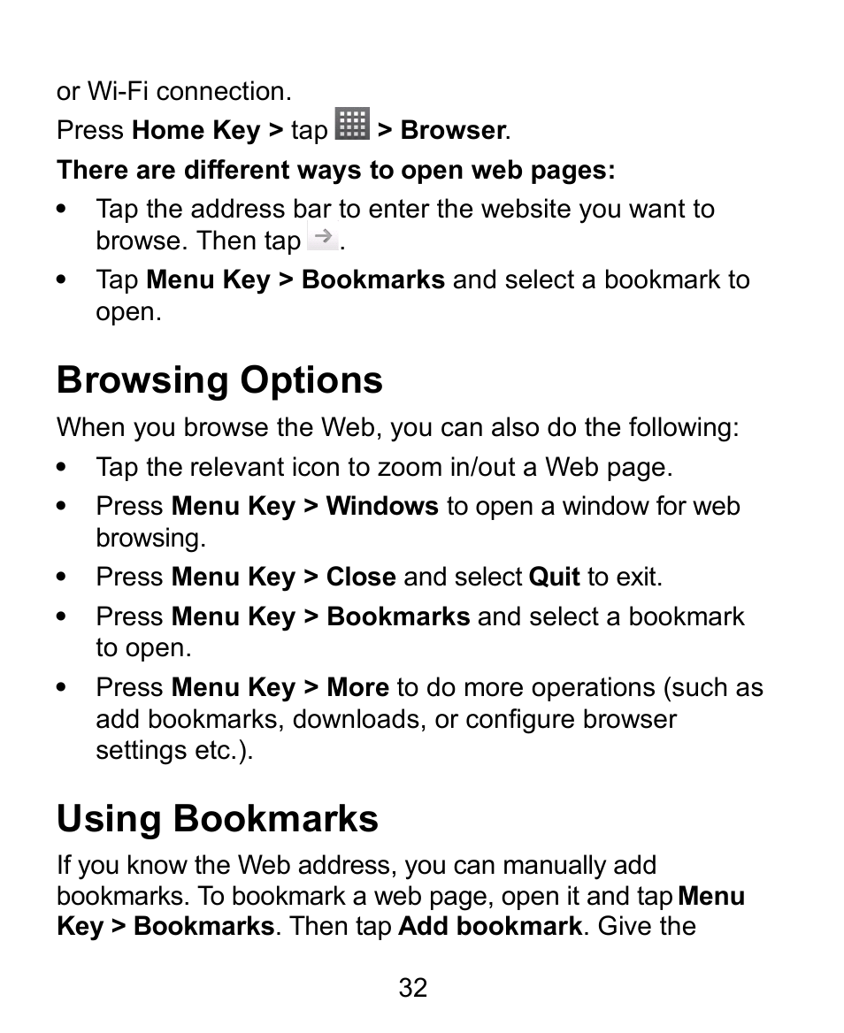 Browsing options, Using bookmarks | Verykool s728 User Manual | Page 32 / 50