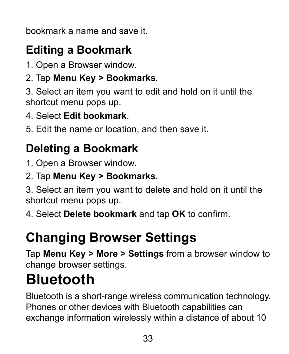 Editing a bookmark, Deleting a bookmark, Changing browser settings | Bluetooth | Verykool s728 User Manual | Page 33 / 50