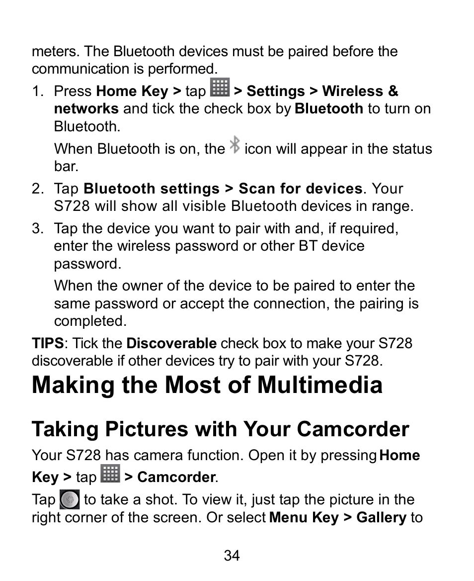 Making the most of multimedia, Taking pictures with your camcorder | Verykool s728 User Manual | Page 34 / 50