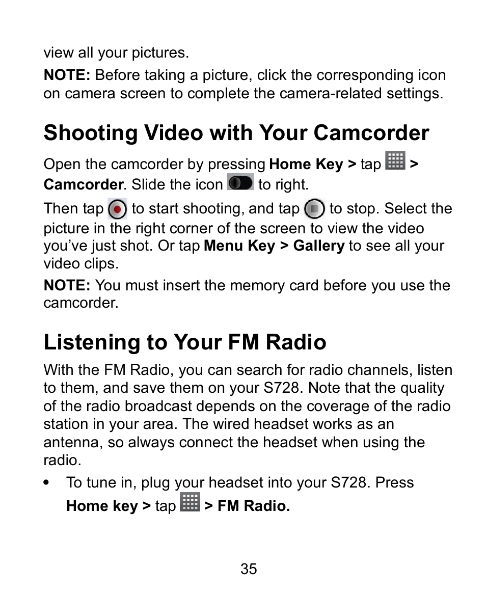 Shooting video with your camcorder, Listening to your fm radio | Verykool s728 User Manual | Page 35 / 50