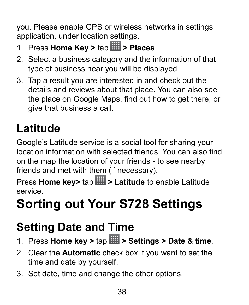 Latitude, Sorting out your s728 settings, Setting date and time | Verykool s728 User Manual | Page 38 / 50