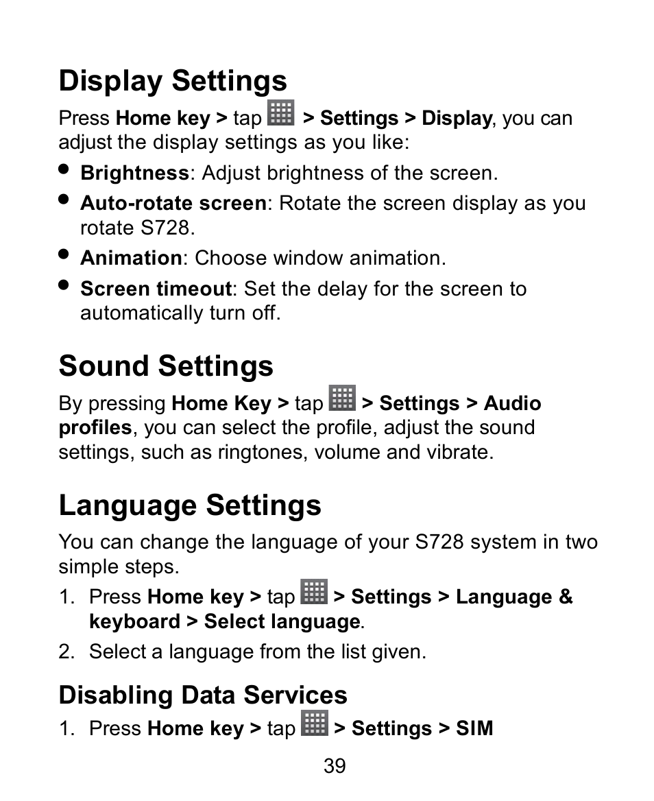 Display settings, Sound settings, Language settings | Disabling data services | Verykool s728 User Manual | Page 39 / 50