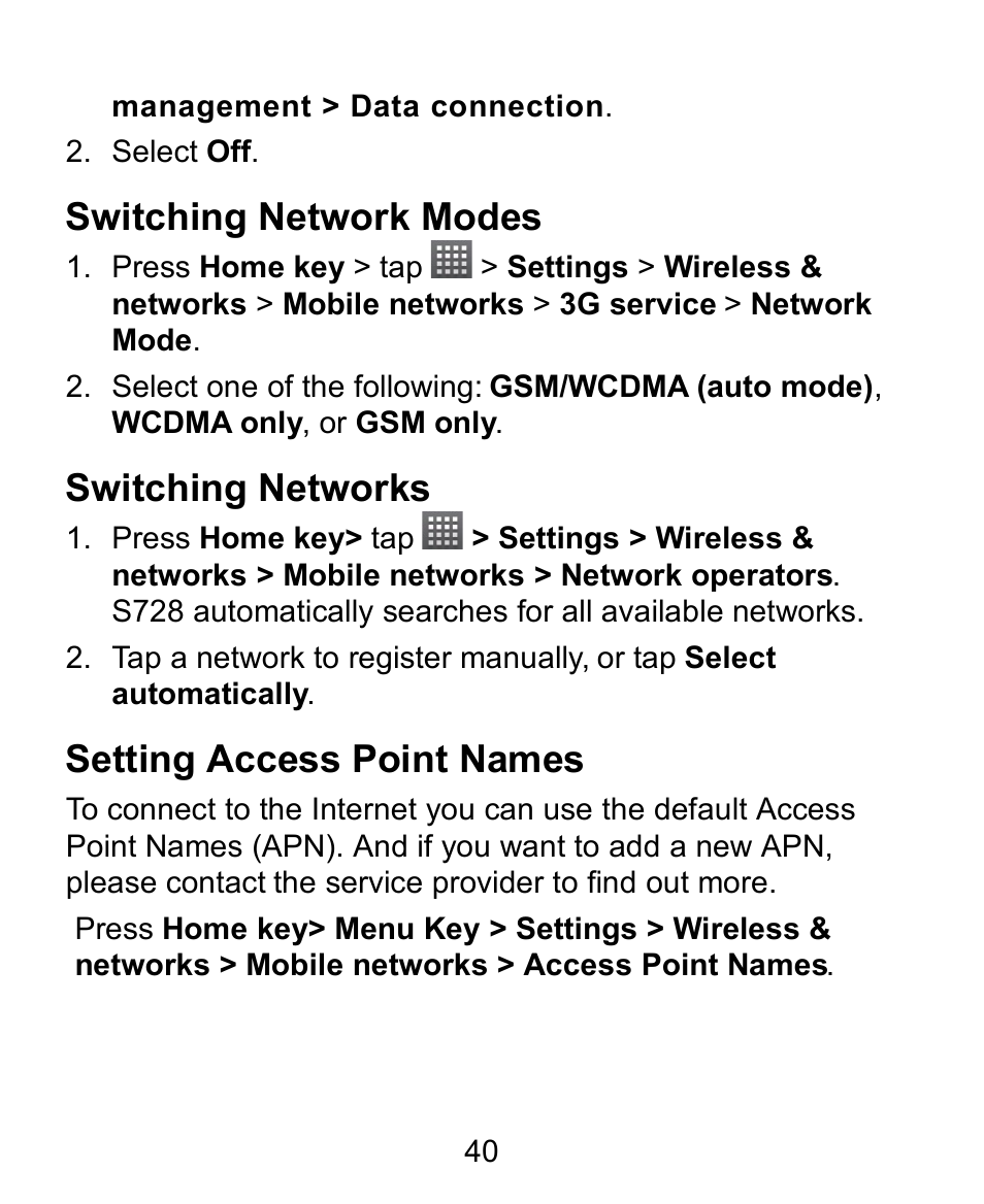 Switching network modes, Switching networks, Setting access point names | Verykool s728 User Manual | Page 40 / 50