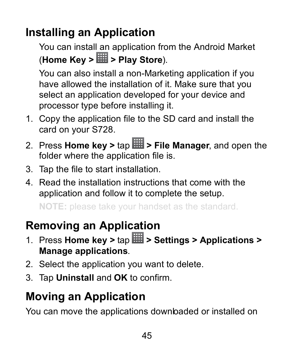 Installing an application, Removing an application, Moving an application | Verykool s728 User Manual | Page 45 / 50