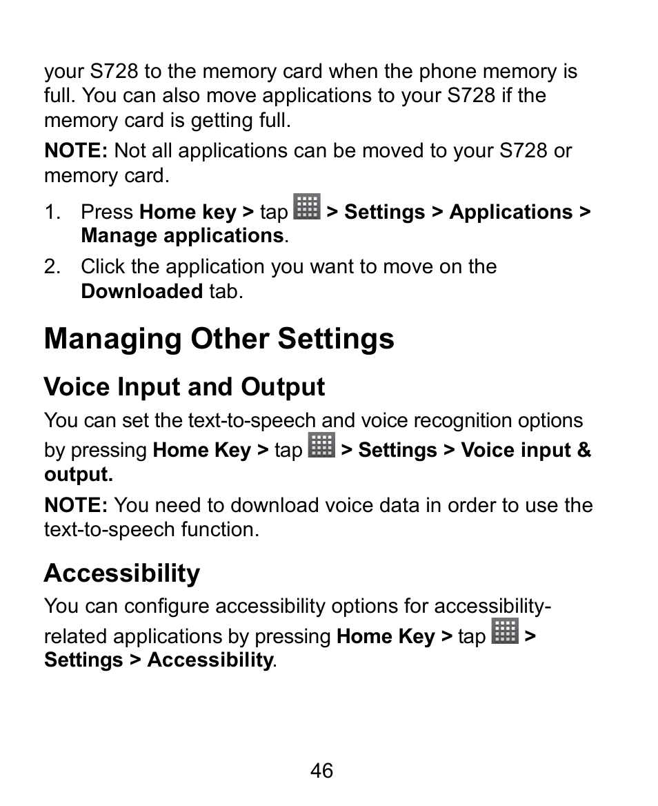 Managing other settings, Voice input and output, Accessibility | Verykool s728 User Manual | Page 46 / 50