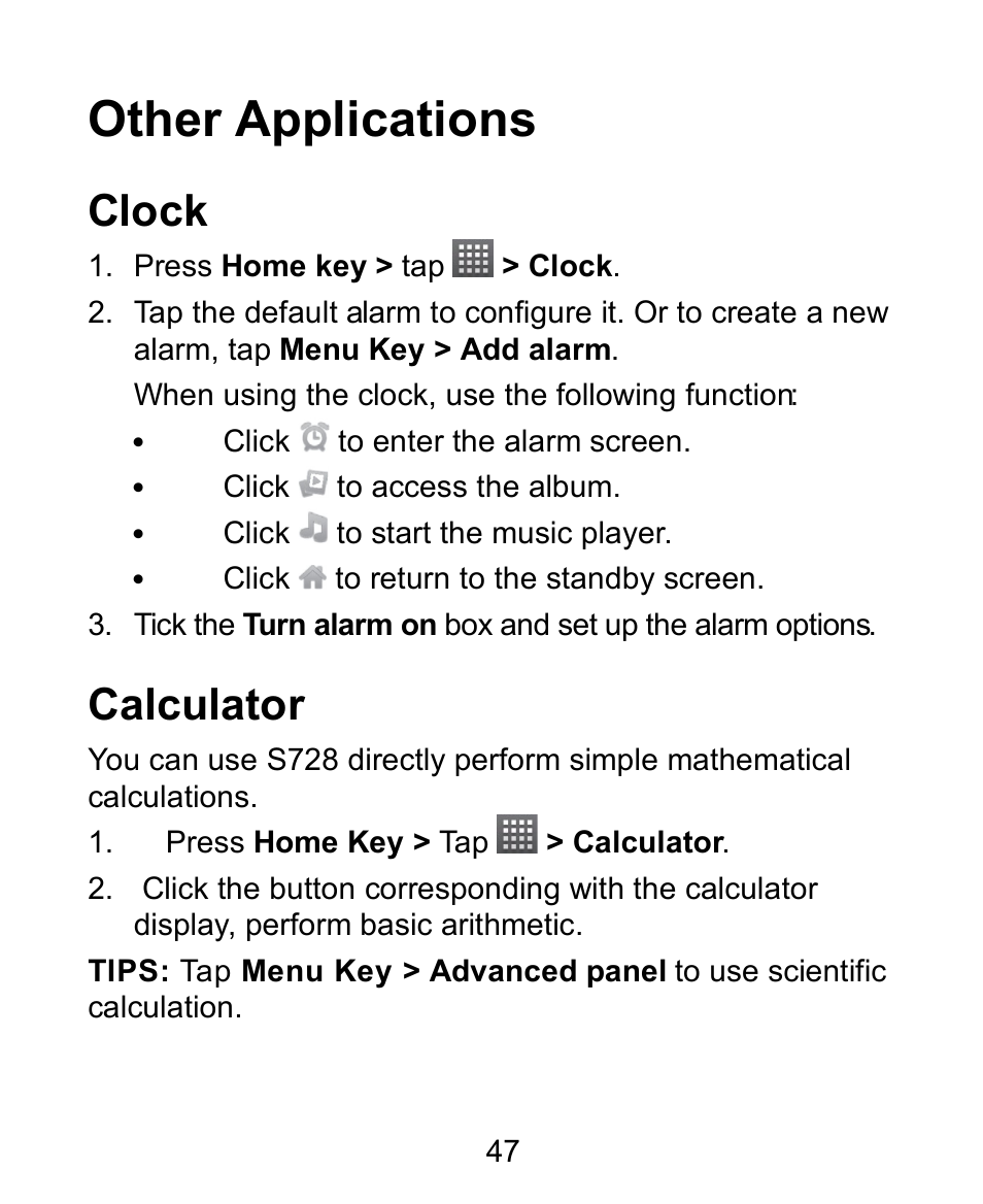 Other applications, Clock, Calculator | Verykool s728 User Manual | Page 47 / 50