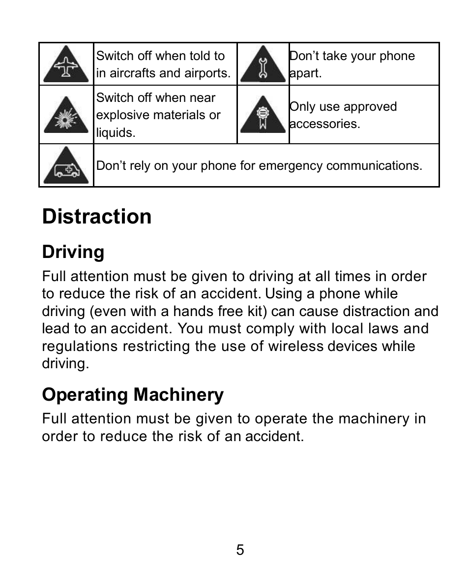 Distraction, Driving, Operating machinery | Verykool s728 User Manual | Page 5 / 50