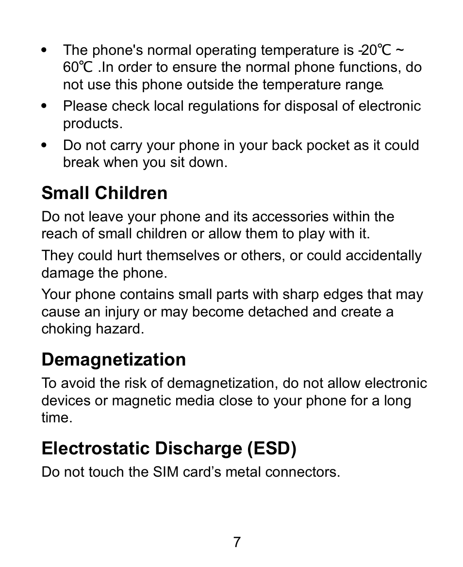 Small children, Demagnetization, Electrostatic discharge (esd) | Verykool s728 User Manual | Page 7 / 50