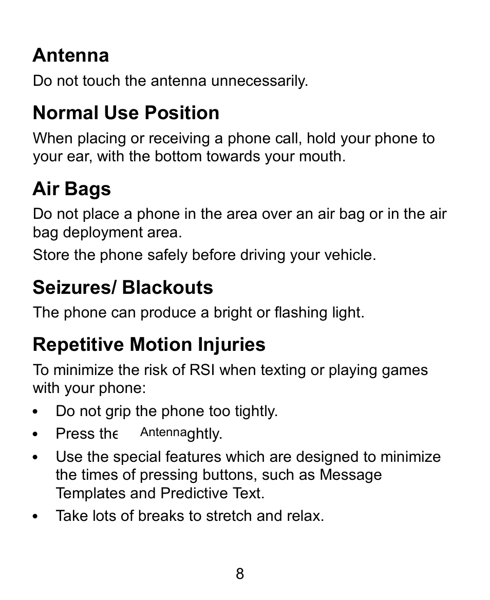 Antenna, Normal use position, Air bags | Seizures/ blackouts, Repetitive motion injuries | Verykool s728 User Manual | Page 8 / 50