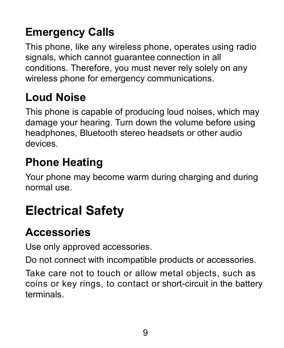 Emergency calls, Loud noise, Phone heating | Electrical safety, Accessories | Verykool s728 User Manual | Page 9 / 50