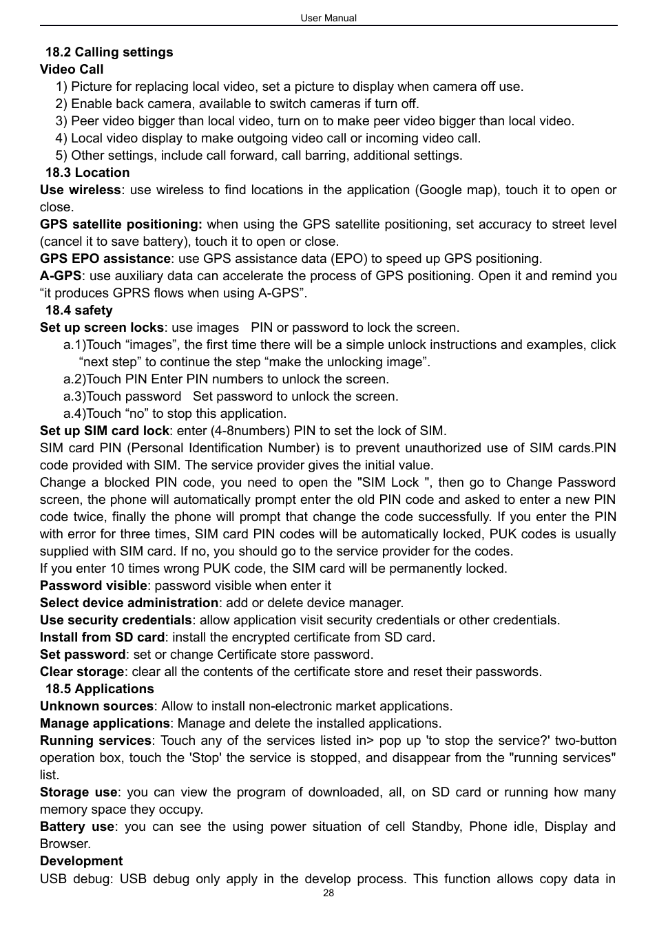 2 calling settings, 3 location, 4 safety | 5 applications | Verykool s757 User Manual | Page 28 / 32