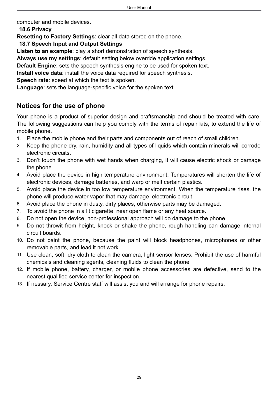 6 privacy, 7 speech input and output settings, Notices for the use of phone | Verykool s757 User Manual | Page 29 / 32