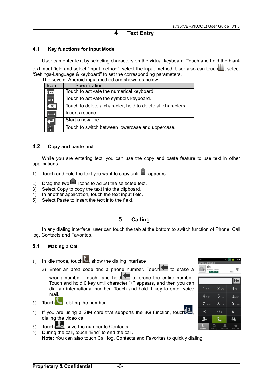 4 text entry, 1 key functions for input mode, 2 copy and paste text | 5 calling, 1 making a call, Functions, Nput, Paste, Text, Aking | Verykool s735 User Manual | Page 10 / 24