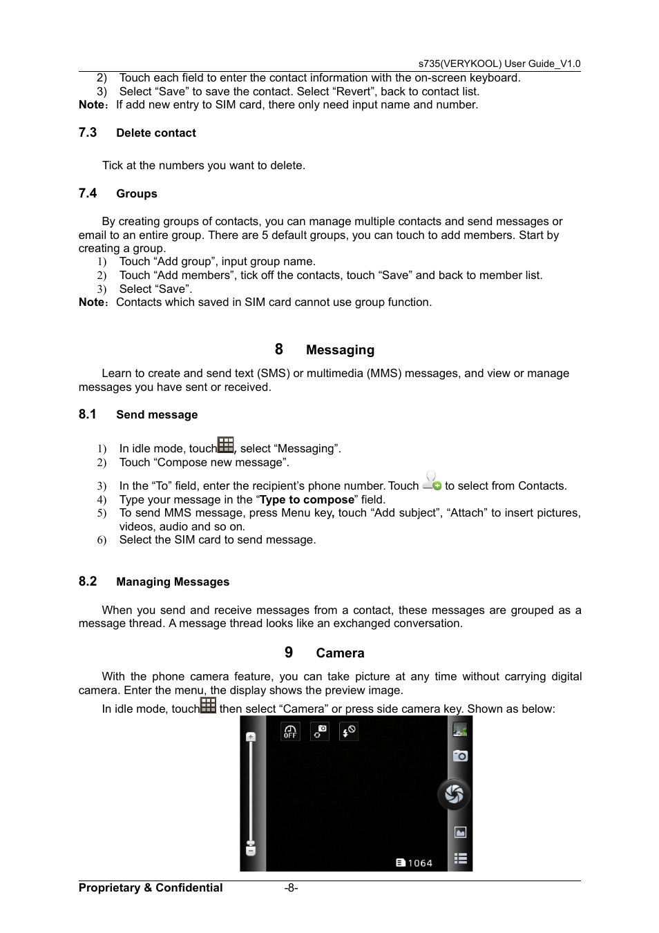 3 delete contact, 4 groups, 8 messaging | 1 send message, 2 managing messages, 9 camera, Elete, Contact, Roups, Message | Verykool s735 User Manual | Page 12 / 24