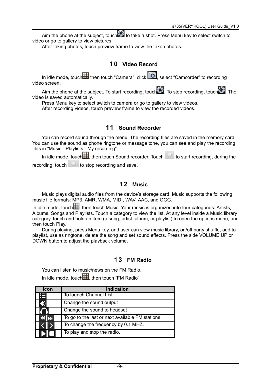 10 video record, 11 sound recorder, 12 music | 13 fm radio | Verykool s735 User Manual | Page 13 / 24