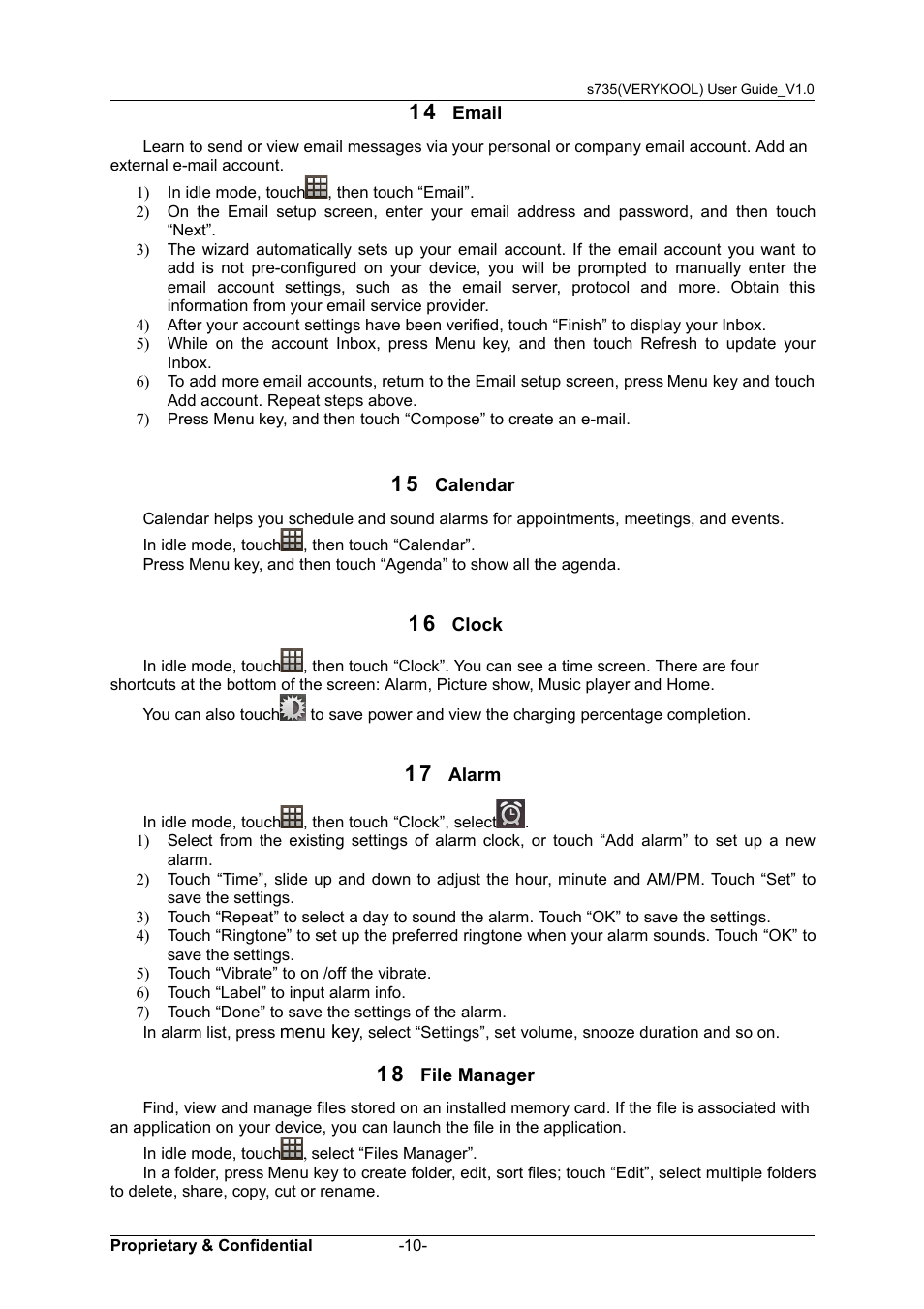 14 email, 15 calendar, 16 clock | 17 alarm, 18 file manager | Verykool s735 User Manual | Page 14 / 24