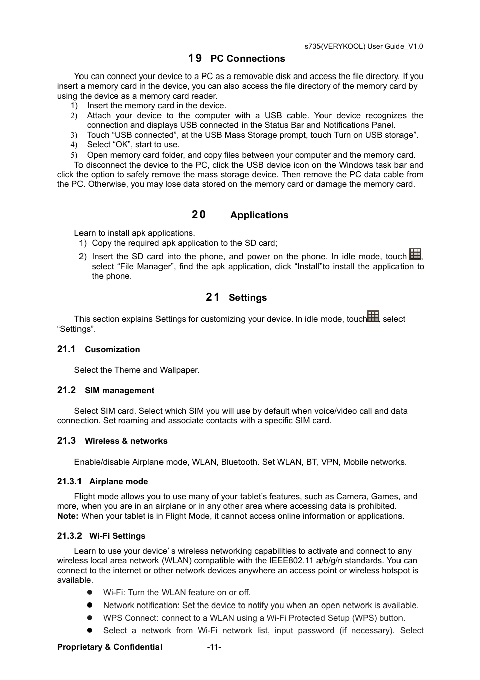 19 pc connections, 20 applications, 21 settings | 1 cusomization, 2 sim management, 3 wireless & networks, 1 airplane mode, 2 wi-fi settings, Usomization, 2 sim | Verykool s735 User Manual | Page 15 / 24