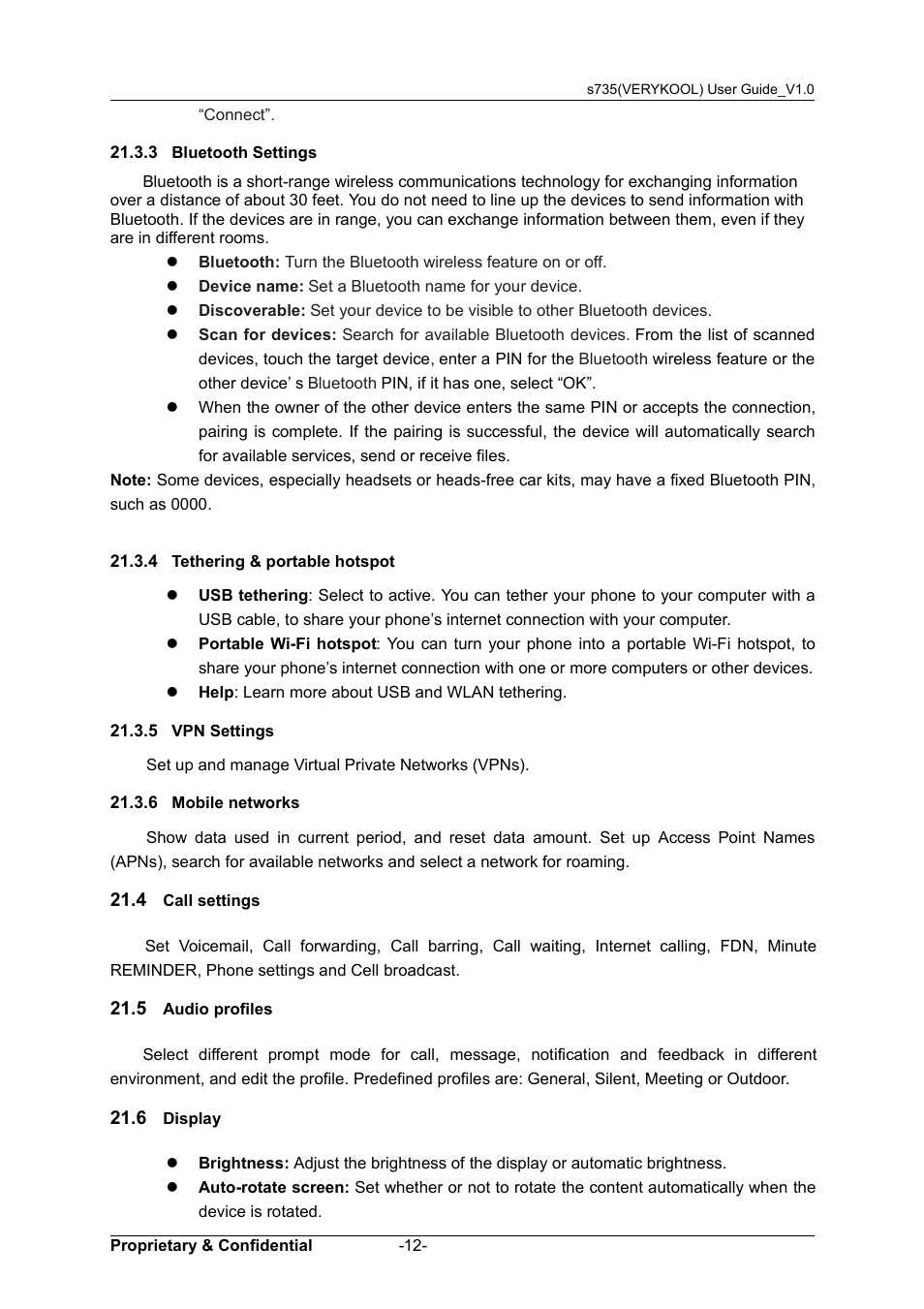 3 bluetooth settings, 4 tethering & portable hotspot, 5 vpn settings | 6 mobile networks, 4 call settings, 5 audio profiles, 6 display, Settings, Udio, Profiles | Verykool s735 User Manual | Page 16 / 24